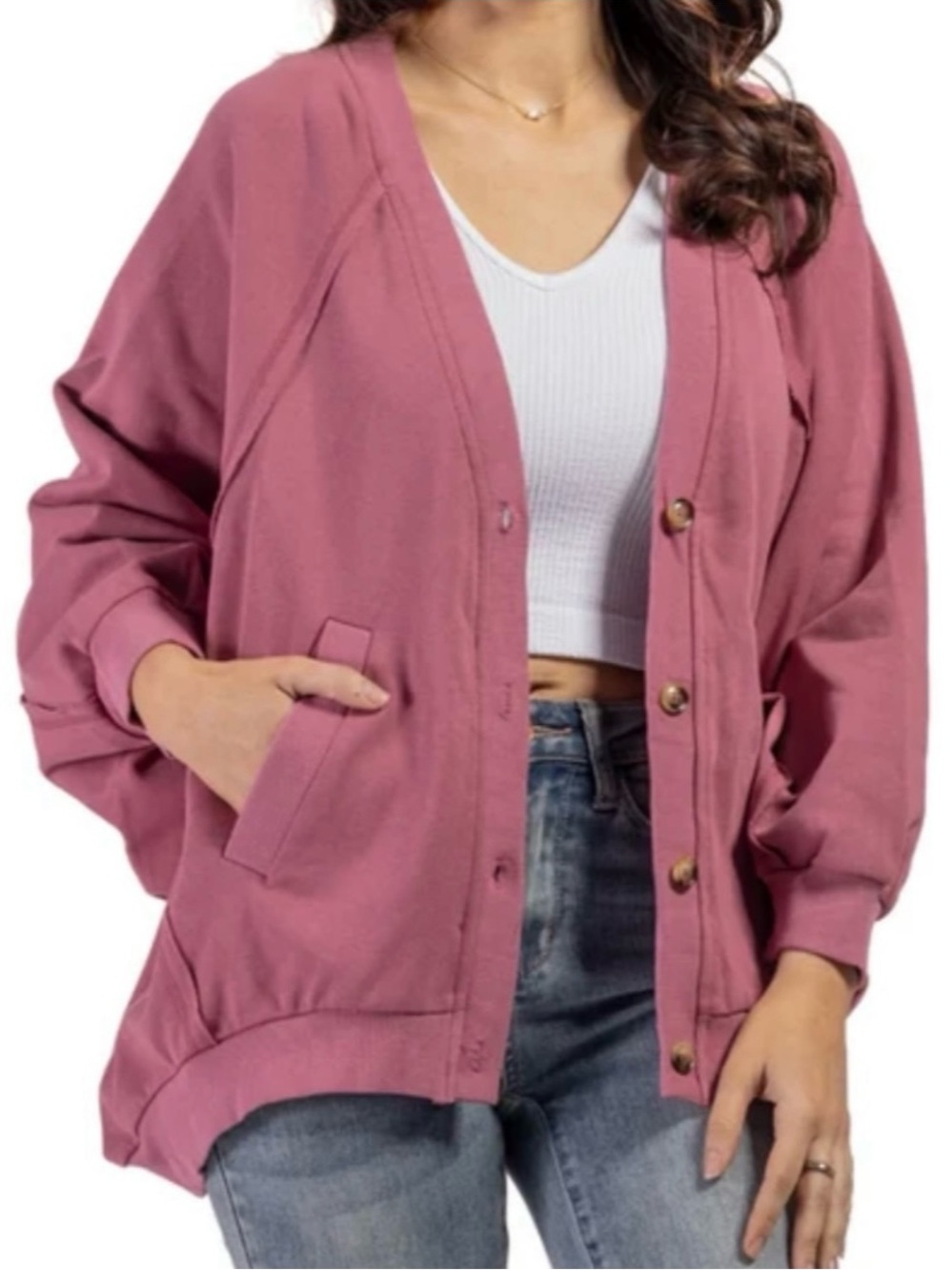 Heyson Antique Rose Oversized Cardigan Dolman Sleeve French Terry Button Up NWT